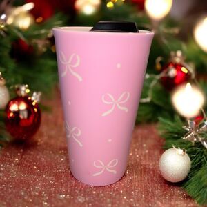 Sunday Morning Ceramics Pink W/ White Bows 18 oz Travel Mug W Lid NWT And Rare